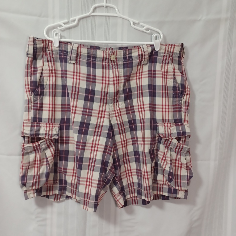 Polo Jeans Co Cargo Shorts Mens 42 Red White Blue Plaid 6 Pockets Cotton Casual